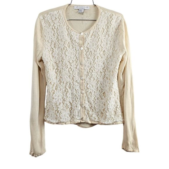 💎August Silk Studio Knit Long Sleeve Lace Silk Cream Button Up Cardigan Sweater - Picture 1 of 5